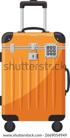 Bright Orange Hardshell Travel Suitcase with Wheels, Handle, Padlock, and Combination Lock - Isolated Vector Illustration