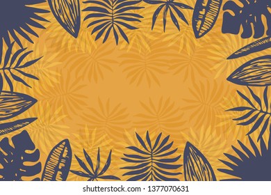 Bright orange horizontal background of dark blue hand drawn overlapping tropical leaves with copy space center. Contrast exotic border for summer greeting cards, banner design, wedding invitation