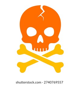 bright orange human skull over yellow crossbones featuring realistic crack on forehead