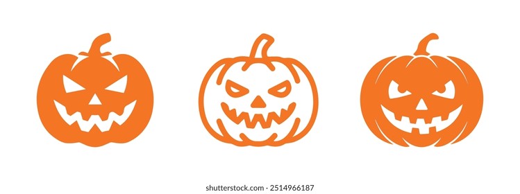 Ícones de vetor de jack-o'-lanterna laranja brilhante perfeito para projetos de Halloween. Ideal para uso digital e de impressão.