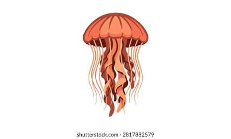 Bright orange jellyfish with long flowing tentacles in vibrant shades swimming in clear blue water for aquatic life and ocean environment visuals