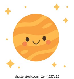 Júpiter laranja brilhante com textura listrada e um rosto feliz, ótimo para ferramentas de educação científica, gráficos planetários ou decoração do sistema solar para crianças.