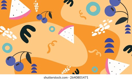 Bright orange layout with blueberries, watermelon slices, rings, and abstract elements. A lively fruit composition great for energetic visuals.