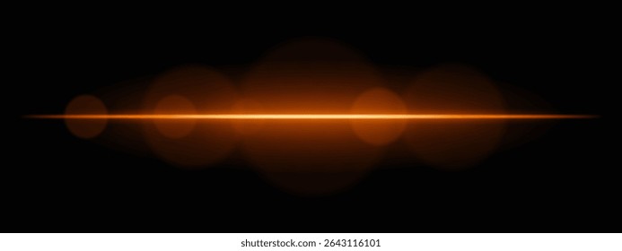 Bright orange light beam with lens flare circles on dark background. Vivid horizontal glow ideal for futuristic UI, synthwave designs, or neon-inspired transitions.
