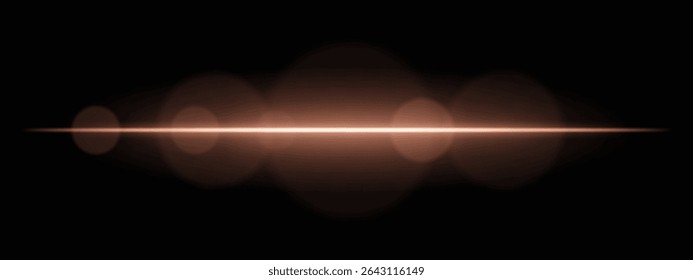 Bright orange light beam with lens flare circles on dark background. Vivid horizontal glow ideal for futuristic UI, synthwave designs, or neon-inspired transitions.