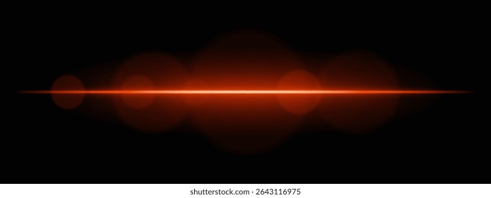 Bright orange light beam with lens flare circles on dark background. Vivid horizontal glow ideal for futuristic UI, synthwave designs, or neon-inspired transitions.