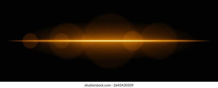 Bright orange light beam with lens flare circles on dark background. Vivid horizontal glow ideal for futuristic UI, synthwave designs, or neon-inspired transitions.