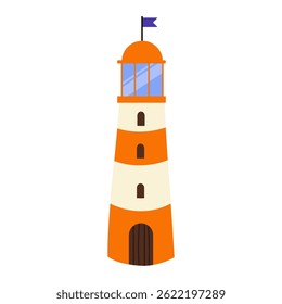 Bright orange lighthouse with a flag standing against a clear sky