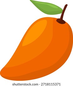Un mango naranja brillante, representado con una sola hoja verde y un tallo corto, mostrando su textura suave y forma característica.