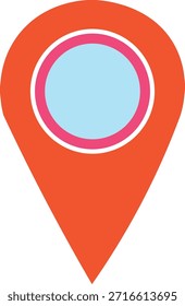 Un icono de pin de mapa naranja brillante presenta un diseño de objetivo circular rosa y azul claro.