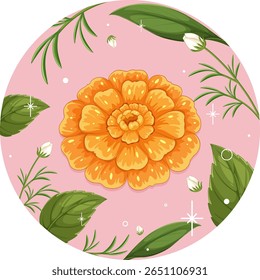 Marigold laranja brilhante cercado por folhas verdes em um fundo circular rosa suave, apresentando um estilo vetor limpo