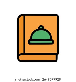 Bright orange menu book illustration showing a green service bell symbolizing food service or hotel room service concept