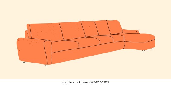 Bright, orange, modern colorful comfortable sofa. Upholstered furniture for rest and relaxation. Interior decoration, interior design. Vector illustrations drawn by hand. Isolated illustration