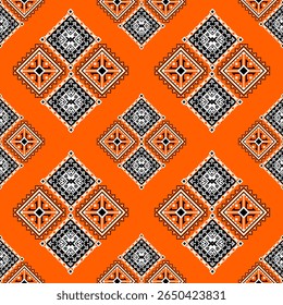 Padrão tailandês de estilo Mon laranja brilhante com detalhes em branco e cinza nítidos. Um design ousado e culturalmente rico e perfeito para moda, embalagens ou usos festivos.