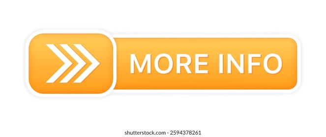 Bright orange more info button with white arrows on white background. Vector icon