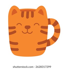Bright orange mug shaped like a smiling striped cat, perfect for fun and cozy designs.