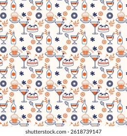 Laranja brilhante e azul marinho Culinária e padrão de ilustração floral
