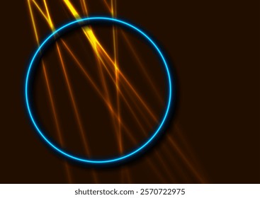Bright orange neon rays and blue circle abstract futuristic background. Vector technology design