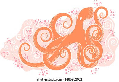 Bright orange octopus on a pink background surrounded by pink bubbles and white spirals