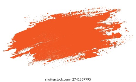 Bright orange paint splash with textured brush strokes and small splatter dots on a white background