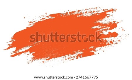 Bright orange paint splash with textured brush strokes and small splatter dots on a white background