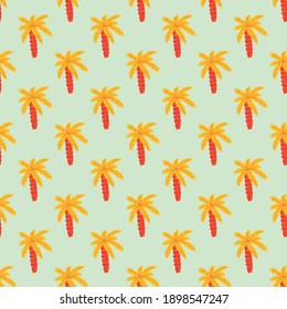 Bright orange palm tree ornament seamless doodle pattern in hand drawn style, Light blue background. Flat vector print for textile, fabric, giftwrap, wallpapers. Endless illustration.