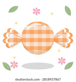 Bright orange pastel gingham wrapped candy with a flower and leaf gimmick. Suitable for tangerine flavor themes and festive decor. Flat vector illustration