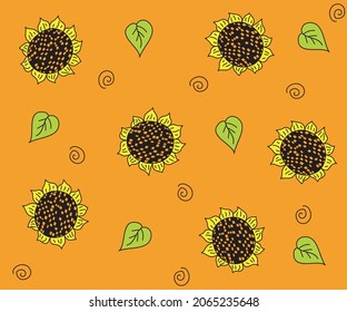 bright orange pattern of sunflowers in the doodle style