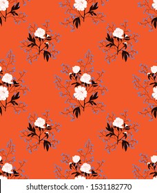 Bright orange pattern with white peonies. Vector seamless pattern.