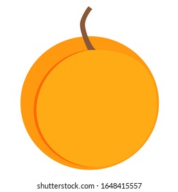 Bright orange peach vector illustration. Summer fruit with brown tail, fruit graphic icon or print. Fresh cartoon peach isolated on white background. Juice or jam logotype.
