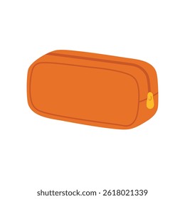 Caixa de lápis laranja brilhante com zíper em estilo de desenho animado plano. Ilustração de papelaria escolar.