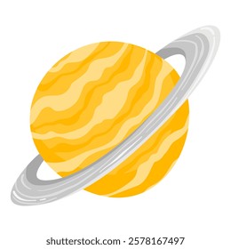 Bright orange planet with Saturn rings, isolated on white background. Cartoon planets of solar system. Saturn in flat vector style.