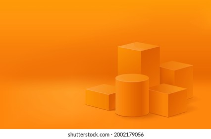 Bright orange podium of gyrometric cylinder and cube figures. Fashion brand advertising. The concept of a scene, layout, showcase for a product. Sale banner template. Cosmetics presentation. Vector