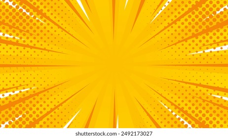 Bright orange pop art comic sunburst effect background with halftone. Cartoon abstract vector background. Suitable for templates, sales banners, events, ads, web, and pages