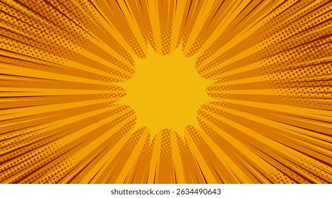 Bright orange pop art comic sunburst effect background with halftone. Cartoon abstract vector background. Suitable for templates, sales banners, events