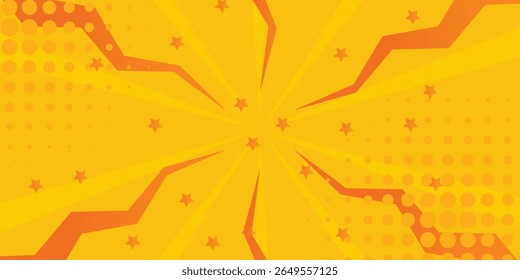 Bright orange pop art comic sunburst effect background with halftone. Cartoon abstract vector background. Suitable for templates, sales banners, events, ads, web, and pages