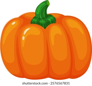 Bright orange pumpkin with a glossy surface and a green stem, perfect for autumn and Halloween themes. Ideal for seasonal decorations and festive designs