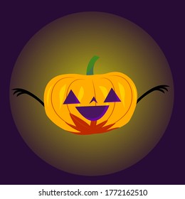 bright orange pumpkin for halloween shines on a dark purple background texture closeup cut out triangular eyes and awesome look concept of the autumn holiday and mysticism