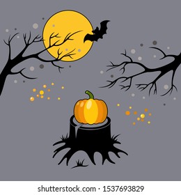 Bright orange pumpkin on a black stump with branches, a moon a bat and colorful spots around. Cute vector halloween illustration. Cartoon forest. Silhouette of trees