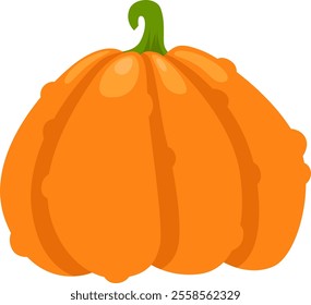 Bright orange pumpkin resting on a white background, showcasing its distinct segments and a vibrant green stem, perfect for autumnal and harvest themed designs