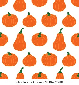 Bright orange pumpkins on a white background. Seamless vector pattern. Autumn illustrations for festive decorations, postcards, banners, gift wrapping paper, modern prints, bright fabrics, textiles.