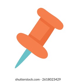 Alfinete laranja brilhante com ponta azul em estilo de desenho animado plano. Papelaria de escritório ou escola isolada sobre fundo branco.