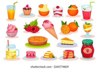 Bright Orange and Raspberry Dessert and Refreshing Drinks Big Vector Set