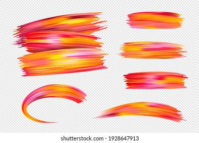 Bright orange red acrylic paint brush strokes on transparent background set. Colorful brush design in pink, red and orange colors isolated on white background. Vector illustration.