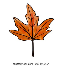 Bright orange red and brown watercolor aquarelle artistic maple leaf with outline vector illustration isolated on white background. Design element for autumn design. Fall graphic clip art.