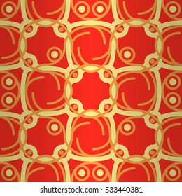 Bright orange red decorative seamless pattern background in tribal style. Complicated puzzle repeatable backdrop. Colorful, symmetrical design for fabric, web, wallpaper or other purpose.