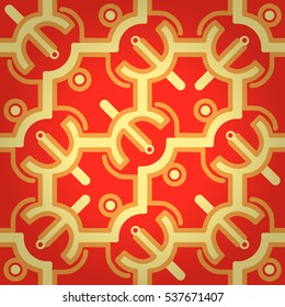 Bright orange red geometrical seamless pattern in maze style. Clean puzzle repeatable backdrop. Bright, graphical design for curtain, packing-paper, carpet or other purpose. Vector background.