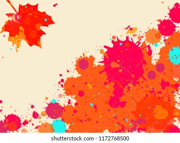 Bright orange and red watercolor paint splatter frame with autumn maple leaf, horizontal format.