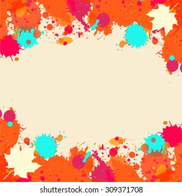 Bright orange and red watercolor paint splatter frame with autumn maple leaves, square format.