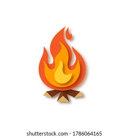 Bright orange, red, yellow bonfire with wood isolated on white background. Campfire, fireplace, flames. Paper cut out art digital craft style. Vector illustration